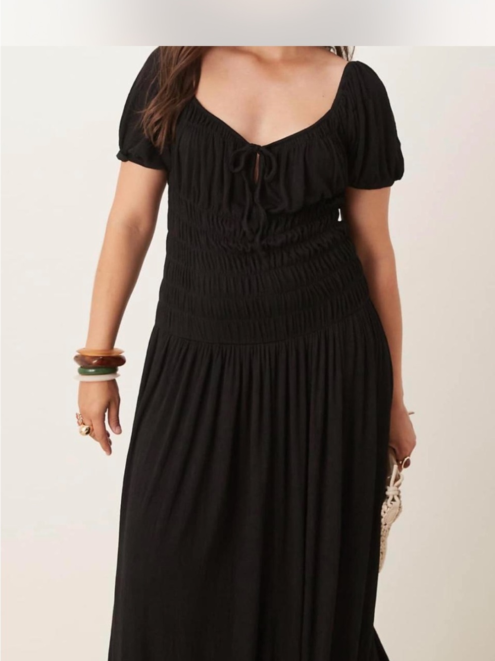 ASOS Curve Black Smocked Maxi Dress with Puff Sleeves